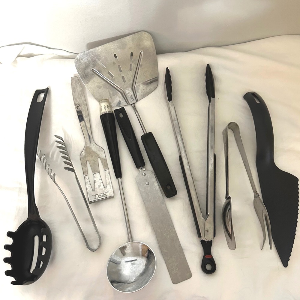 OXO Ekco Foley Kitchen Utensil Vintage Lot Silver Black Good Spatula Tongs